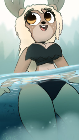 anthro antlers big_breasts bikini black_clothing blonde_hair breasts brown_body brown_fur choker cleavage clothed clothing curvy_figure female forest forest_background fur glistening hair horn jewelry lake larger_female looking_aside nature nature_background necklace partially_submerged plant reflection size_difference smile solo swimming swimwear text tree two-piece_swimsuit underwater underwater_view water water_reflection wet_hair wide_hips guak nora_ashford deer mammal moose new_world_deer 9:16 hi_res