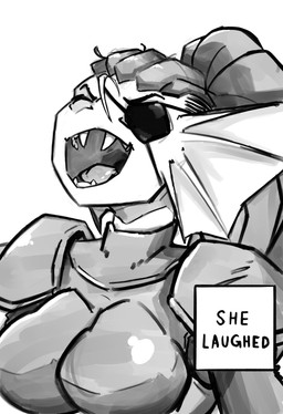 anthro armor breastplate breasts eye_patch eyes_closed eyewear facial_fin female gorget hair laugh meme_face open_mouth pauldron plate_armor ponytail sharp_teeth solo teeth text text_box tongue snoutless undertale undertale_(series) undyne animal_humanoid fish humanoid marine 2025 absurd_res digital_drawing_(artwork) digital_media_(artwork) english_text hi_res meme monochrome