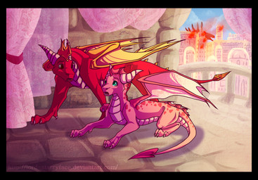 2_horns 3_toes arrow_tail balcony black_border border city detailed_background dewclaw duo explosion feet female feral frill_(anatomy) head_crest head_frill horn landscape lying male orange_wings pink_body pink_scales pink_wings quadruped red_body scales scared spade_tail spiked_tail spikes spikes_(anatomy) standing tail toes ventral_scales wings lord-starryface activision european_mythology mythology spyro_the_dragon the_legend_of_spyro ember_(spyro) flame_(spyro) dragon mythological_creature mythological_scalie scalie western_dragon 2013 english_description hi_res story story_in_description