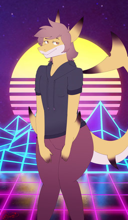 1980s_theme anthro fin grid hair male smile smug solo sun synthwave text thick_thighs commanderthings aquatic fish mammal shark 2020 absurd_res digital_media_(artwork) english_text hi_res