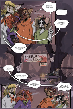 anthro blonde_hair book breasts brown_body brown_fur cellphone clothed clothed_anthro clothed_female clothing cosplay dialogue electronics eyewear female fur glasses green_clothing green_eyes green_shirt green_topwear group hair holidays male multicolored_body multicolored_fur orange_clothing orange_eyes orange_hair orange_sweater orange_topwear phone purple_clothing purple_eyes purple_shirt purple_topwear reading reading_book shirt smartphone speech_bubble sweater text topwear two_tone_body two_tone_fur wearing_glasses white_body white_clothing white_fur white_shirt white_topwear astarvingfarbeagle halloween hanna-barbera scooby-doo_(series) ashley_(astarvingfarbeagle) blair_(bigtiddyfox) clio_(astarvingfarbeagle) daphne_blake fred_jones kira_(bigtiddyfox) penn_(astarvingfarbeagle) shaggy_rogers velma_dinkley bovid canid canine canis caprine felid feline goat hyena lynx mammal mouse murid murine rodent wolf 2025 2:3 absurd_res comic english_text hi_res nonbinary_(lore)