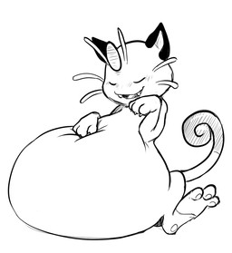 belly big_belly overweight simple_background sitting white_background saphiros nintendo pokemon generation_1_pokemon meowth pokemon_(species) 2015 monochrome