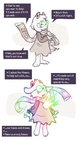 anthro blush clothing duo eyewear floating glasses glowing horn male robe scarf text yoshoyamamoto deltarune undertale_(series) flowery_(deltarune) ralsei bovid caprine goat mammal english_text hi_res