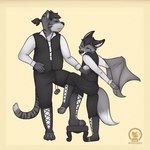 album_redraw anthro clothing countershading duo furniture male standing stool text mytigertail fleetwood_mac rumours_(fleetwood_mac) gabe_(mytigertail) lan_(zeta-haru) canid canine felid fox mammal pantherine tiger 1:1 2018 album_cover cover english_text signature