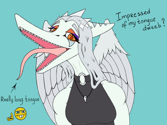 anthro black_clothing black_topwear blue_background blue_body bone bone_frill breasts clothed clothed_anthro clothed_female clothing dialogue directional_arrow eyelashes feathered_wings feathers female freckled_face freckles frill_(anatomy) front_view grey_body grey_feathers grey_hair hair jewelry long_eyelashes long_hair long_tongue looking_at_viewer markings medium_breasts necklace non-mammal_breasts o-ring open_mouth open_smile orange_eyes sharp_teeth simple_background skull smile solo striped_markings stripes talking_to_viewer teeth text tongue tongue_out topwear wings lorikani cavemanon_studios goodbye_volcano_high ko_op_(game_developer) nerd_emoji_(meme) snoot_game fang_(gvh) prehistoric_species pterosaur reptile scalie 4:3 colored english_text half-length_portrait portrait