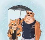 anthro biceps big_muscles chest_tuft clothed clothing countershading duo fur kemono male muscular muscular_male raining shirt simple_background tank_top topwear tuft umbrella takemoto_arashi otake takemoto canid canine canis domestic_dog mammal