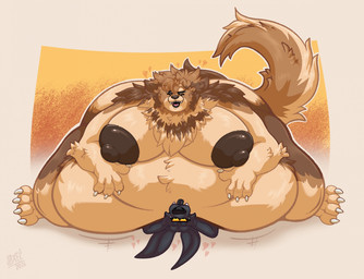 anthro areola belly big_belly big_breasts breasts claws duo fangs female fur heart_symbol huge_belly laying_on_another laying_on_partner lying male morbidly_obese morbidly_obese_anthro morbidly_obese_female nipples nude obese obese_anthro obese_female on_front open_mouth overweight overweight_anthro overweight_female paws raised_tail smile tail teeth tongue tongue_out awoogasm ebony_(awoogasm) helena_(awoogasm) anubian_jackal arthropod border_collie canid canine canis collie crab crustacean decapod domestic_dog herding_dog jackal malacostracan mammal pastoral_dog sheepdog 2026 hi_res signature