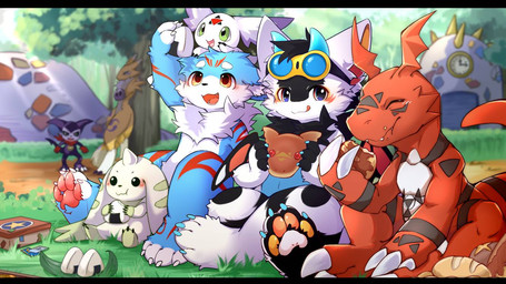2_horns anthro big_eyes black_bars black_body black_fur blue_body blue_eyes blue_fur blue_horn eyes_closed eyewear eyewear_on_head food fur goggles goggles_on_head group horn kemono licking licking_lips male onigiri orange_eyes red_body red_scales rice scales slim_anthro slim_male tongue tongue_out white_body white_fur hlg7777 bandai_namco digimon mythology arthropod butterfly calumon canid digimon_(species) domestic_cat dragon felid feline felis furred_dragon furred_scalie guilmon hybrid impmon insect lepidopteran mammal mythological_creature mythological_scalie renamon scalie terriermon 2022 letterbox
