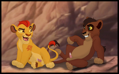 animal_genitalia balls black_border bodily_fluids border comparing comparing_penis cum duo erection eye_contact feral genital_fluids genitals looking_at_another lying male male/male on_back penile_spines penis precum presenting sheath smug tapering_penis young young_feral young_male kaion disney the_lion_guard the_lion_king kion_(the_lion_guard) kovu_(the_lion_king) felid lion mammal pantherine hi_res story story_in_description