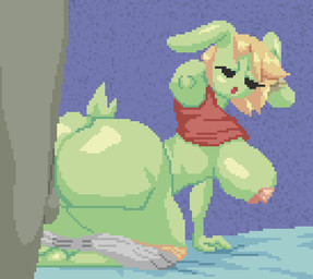 ambiguous_penetration anthro areola balls belly belly_inflation bent_over big_breasts big_butt black_eyes blonde_hair bodily_fluids bottomwear bottomwear_down bouncing_breasts breasts butt butt_jiggle butt_ripples clenched_teeth clothed clothing cum cum_inflation cum_inside doggystyle duo eyes_closed female female_penetrated from_behind_position genital_fluids genitals green_body grey_body hair half-closed_eyes huge_breasts huge_butt inflation jiggling kneeling looking_back male male/female male_penetrating male_penetrating_female mostly_nude narrowed_eyes nipples open_mouth pants pants_down partially_clothed penetration penis pink_areola pink_nipples raised_clothing raised_shirt raised_topwear sex shirt teeth thick_thighs topwear spinneborg carmin_(megaexozx) lagomorph leporid mammal rabbit 2022 animated digital_media_(artwork) hi_res pixel_(artwork) pixel_animation