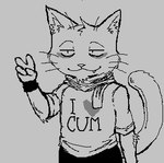 anthro clothing gesture hand_gesture male shirt smile text text_on_clothing text_on_shirt text_on_topwear topwear v_sign rhonbon asian_mythology east_asian_mythology japanese_mythology maneki-neko mood mythology domestic_cat felid feline felis mammal yokai low_res monochrome