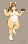 anthro breasts cake claws cutlery dessert eyewear female food fork genitals glasses kitchen_utensils nipples overweight overweight_anthro overweight_female pussy solo tail tools wide_hips dior pucacorgi canid canine canis domestic_dog herding_dog mammal pastoral_dog welsh_corgi