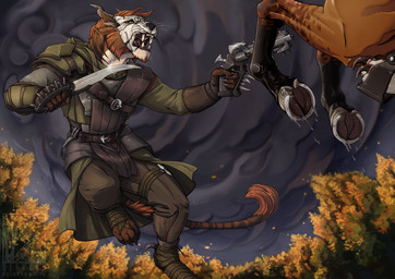 armor ash_legion assassin attack battle bodypaint brown_body brown_fur dagger face_paint fur gun knife mask melee_weapon ranged_weapon storm striped_body stripes weapon heskynn guild_wars charr equid equine felid horse mammal