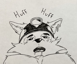 anal anthro blush bodily_fluids breath clothed clothing duo ear_piercing facial_piercing headgear male male/male oral panting piercing rimming ring_piercing saliva sex text tongue bug_eater epic_games fortnite rufus_(fortnite) wendell_(fortnite) canid canine canis mammal procyonid raccoon wolf traditional_media_(artwork)