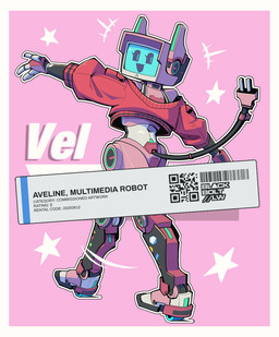 barcode border cable_tail clothing crop_top cropped_sweater electrical_plug_tail emanata female for_a_head joints looking_back machine not_furry open_mouth open_smile outline pink_background pink_body pose qr_code roller_skates screen screen_face shirt simple_background smile solo sticker tail text topwear white_border blackboltlonewolf aveline_(auveiss) humanoid object_head robot robot_humanoid screen_head 2025 english_text hi_res signature