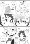 amphibian anthro black_and_white blush canid canine clothed clothing comic confusion dialogue english_text frog fully_clothed hi_res inakagurashi inner_ear_fluff kemono male mammal monochrome open_mouth question_mark text tuft young young_anthro