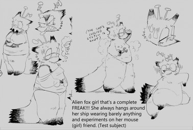 antennae_(anatomy) anthro bared_teeth big_tail bite biting_lip blush bodily_fluids bow_panties bow_underwear bra clothed clothing eyewear eyewear_only female fluffy_fur glasses glasses_only hand_behind_head hands_on_snout hands_together heat_(temperature) huge_tail leaning_on_wall multiple_expressions multiple_poses musk nipples nude nude_anthro nude_female nudist overheated oversized_clothing oversized_shirt oversized_topwear overweight overweight_female panties partially_clothed_anthro partially_clothed_female pose ranged_weapon raygun ringed_eyes sharp_teeth shirt sitting snarling solo standing sweat sweatdrop tail tail_on_ground teeth text thought_bubble toothy_grin topless topless_anthro topless_female topwear underwear walking weapon wearing_glasses snunkies fox_alien_(snunkies) unnamed_character alien canid canine fox hybrid mammal 2024 black_and_white english_text hi_res monochrome sketch_page