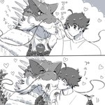 ahoge anthro blush duo facial_hair hair heart_symbol kissing kissing_cheek male male/male mature_male text suzuapi2 lifewonders mythology tokyo_afterschool_summoners itzamna_(tas) protagonist_(tas) twink_protagonist_(tas) dragon human mammal mythological_creature mythological_scalie scalie 1:1 japanese_text