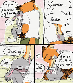 anthro duo female fingering fur grey_body grey_fur licking male male/female nude nude_female nude_female_clothed_male orange_body orange_fur penetration term_of_endearment text tongue vaginal vaginal_fingering vaginal_penetration sunnypompom06 disney zootopia judy_hopps nick_wilde canid canine european_rabbit fox lagomorph leporid mammal oryctolagus rabbit red_fox true_fox absurd_res english_text hi_res