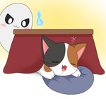 duo female feral fur furniture kotatsu male male/female multicolored_body multicolored_fur relaxing sleeping table white_body white_fur leafeon0927 calico_cat domestic_cat felid feline felis ghost mammal spirit absurd_res hi_res