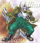 anthro biped bottomwear clothing fur grey_body grey_fur humanoid_hands kemono male pants shirt solo text topwear visor weapon ghq hukuroushi canid canine canis mammal wolf 2005 archived_source