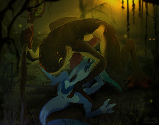 2_penises animal_genitalia animal_penis anthro anthro_on_anthro anus big_penis biped black_body blue_body blue_penis bodily_fluids duo erection genital_slit genitals hand_on_leg holding_object holding_staff horizontal_pupils huge_penis hyper hyper_genitalia hyper_penis interspecies larger_male licking licking_lips licking_own_lips male male/male multi_genitalia multi_penis multicolored_body nude_anthro nude_male open_mouth outside penis pupils size_difference smaller_male smile spread_legs spreading staff swamp sweat tail tapering_tail tongue tongue_out yellow_body sepiaflux alomie_(thaeliscyn) amphibian frog kobold scalie 2025 digital_media_(artwork) hi_res herm_(lore)