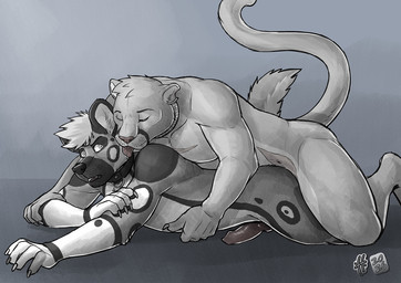 animal_genitalia animal_penis anthro anthro_on_anthro anthro_penetrated anthro_penetrating anthro_penetrating_anthro canine_genitalia canine_penis claws duo erection finger_claws from_behind_position genitals hair knot licking licking_another lying male male/male male_penetrated male_penetrating male_penetrating_male nude on_front open_mouth penetration penis red_nose red_penis red_tongue sex short_hair side_view simple_background tongue hufnaar african_wild_dog canid canine felid feline mammal 2026 dated partially_colored