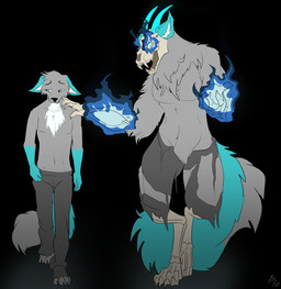2_horns anthro biped black_background black_nose blue_ears blue_markings bone bottomwear claws clothed clothing digitigrade duo eyebrows fluffy fluffy_tail fur gloves_(marking) glowing glowing_eyes grey_body grey_bottomwear grey_clothing grey_fur grey_pants hand_on_shoulder horn looking_at_another looking_away magic male markings navel neck_tuft open_mouth pants simple_background skull skull_head tail teeth toe_claws topless topless_male torn_bottomwear torn_clothing torn_pants tuft white_body white_fur fuf ambiguous_species 2019 hi_res