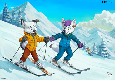 anthro blue_body blue_bottomwear blue_clothing blue_fur blue_jacket blue_pants blue_topwear bottomwear brown_bottomwear brown_clothing brown_pants cheek_tuft clothed clothing day dipstick_ears duo_focus ear_markings ear_piercing ear_ring facial_tuft floppy_ears fur glistening glistening_eyes group hair jacket logo male male_anthro multicolored_ears open_mouth open_smile orange_body orange_clothing orange_fur orange_jacket orange_topwear outside pants piercing plant purple_hair ring_piercing short_hair ski skiing smile snowboard snowboarding topwear tree trio tuft white_body white_fur young young_anthro young_male pandapaco canid canine mammal 2024 artist_logo dated signature