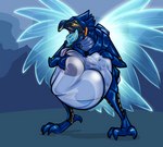 abdominal_bulge ambiguous/ambiguous ambiguous_gender armor blue_background blue_tongue energy_wings feet glowing green_light machine orange_light simple_background solo synthetic talons toes tongue translucent unusual_anatomy unusual_wings vore wings akudrache alexia_(akudrache) shebby avian bird robot hi_res