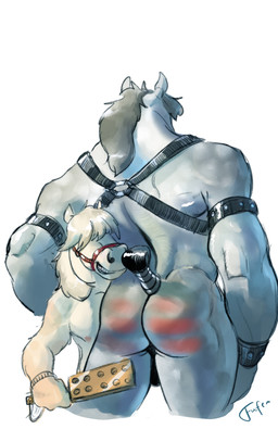 anthro backsack balls bridle butt butt_slap duo genitals harness male male/male muscular muscular_anthro muscular_male nude nude_anthro nude_male obscured_eyes paddle size_difference slap spank_marks spank_marks_on_ass spanked_butt spanking spanking_focus fufer equid equine horse mammal absurd_res hi_res
