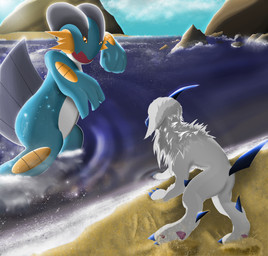 ambiguous_gender beach blue_body blue_claws blue_sky blue_tail claws cloud day detailed_background duo eye_contact feral fur looking_at_another multicolored_body open_mouth outside quadruped rear_view red_eyes rock sand sky spikes spikes_(anatomy) tail toe_claws two_tone_body water white_body white_fur yellow_body yellow_spikes meraence nintendo pokemon absol generation_3_pokemon pokemon_(species) swampert 2013 digital_media_(artwork) hi_res