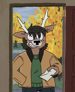 anthro antlers autumn black_bottomwear black_clothing black_hair black_pants bodily_fluids bottomwear brown_body brown_clothing brown_fur brown_jacket brown_topwear clothed clothing door envelope first_person_view fur green_clothing green_sweater green_topwear hair hand_in_pocket horn inside jacket male outside pants plant pockets smile solo standing sweat sweatdrop sweater topwear tree freoncat normalsville leo_(normalsville) deer mammal 2024 digital_drawing_(artwork) digital_media_(artwork) hi_res