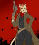 anthro ascot black_background brown_body brown_fur brown_hair brown_nose clothed clothing coat eyewear fur gloves goggles green_eyes gun hair handgun handwear long_hair male ranged_weapon red_background revolver simple_background smile solo tail text topwear trenchcoat weapon nightfaux arroyo_milori felid lion mammal pantherine 2013 english_text signature