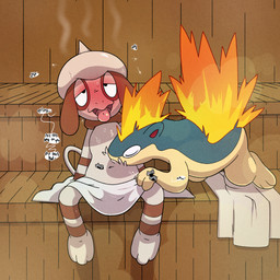 belly_lick blush bodily_fluids dialogue duo fire heat_(temperature) kiss_on_belly kissing licking_stomach musk overheated sauna steam sweat text tongue tongue_out towel argon_vile nintendo pokemon generation_2_pokemon pokemon_(species) quilava smeargle 1:1 english_text hi_res
