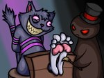 3_toes anthro bdsm bondage bound brush cheek_tuft clothing dominant dominant_male duo eyelashes facial_tuft feet female foot_fetish foot_focus fur grey_body grey_fur hands_behind_back hat hat_only head_tuft headgear headgear_only headwear headwear_only humanoid_feet male male/female markings mostly_nude nude nude_anthro nude_female paintbrush pawpads pink_pawpads pink_sclera plantigrade purple_stripes red_nose red_sclera restrained restraints sharp_teeth side_butt sitting smile stocks striped_markings striped_tail stripes submissive submissive_anthro submissive_female tail tail_markings tail_tuft teeth tickle_torture tickling tickling_feet toes top_hat tuft lord-reckless cheshire_cat_(species) domestic_cat felid feline felis mammal 4:3