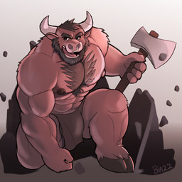 abs anthro axe balls beard body_hair bottomwear bulge chest_hair chest_tuft clothing facial_hair facial_piercing genitals hooves horn kneeling loincloth male muscular muscular_male nipples nose_piercing nose_ring piercing ring_piercing solo tuft bin_(artist) european_mythology greek_mythology mythology bovid bovine cattle mammal minotaur 1:1 hi_res