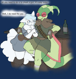 5_fingers alcohol ammo_belt anthro anthrofied arm_around_shoulder bar beer beverage blue_eyes blue_hair boots clothing convincing dialogue duo female fingers footwear fur gloves green_body hair handwear looking_at_another pokemorph red_eyes shelf shoes simple_background text transparent_background white_body white_fur bruhman33 fallout microsoft nintendo pokemon elliana_(straviios) gunners_(fallout) alolan_form alolan_vulpix flygon generation_3_pokemon generation_7_pokemon pokemon_(species) regional_form_(pokemon) 2025 absurd_res alpha_channel english_text hi_res