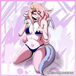 anthro bikini bikini_bottom bikini_top blush blush_lines clothed clothing eyebrows eyeliner facial_piercing lip_piercing makeup mascara piercing snakebite_piercing solo swimwear tail two-piece_swimsuit wings silvetz mythology starburst_(catgenderzz) domestic_cat dragon felid feline felis mammal mythological_creature mythological_scalie scalie 1:1 absurd_res hi_res shaded watermark nonbinary_(lore)