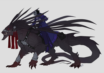 anthro border bridle clothed clothing duo ear_piercing feral grey_border male mask mount piercing reins rider riding saddle simple_background standing tail nebelviper mythology dragon humanoid mythological_creature mythological_scalie scalie
