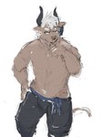 anthro belt bottomwear clothing horn male muscular pants shirtless simple_background solo white_background iameemai threefold_recital_(game) smarty_(threefold_recital) bovid bovine cattle mammal 3:4 hi_res sketch