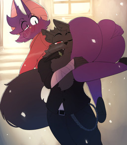 anthro arm_wraps belt big_butt big_tail black_body black_fur blush bodily_fluids bottomless bottomwear butt butt_squish carrying_another carrying_partner chest_tuft clothed clothing collared_shirt cute_fangs dress_shirt duo eyebrow_slit eyebrows fangs female footwear fur hand_on_butt high_heels holidays holly_(plant) huge_butt male male/female notched_ear on_shoulder one_eye_closed outside panties_in_mouth pants partially_clothed plant purple_body purple_fur scar shirt shoes shoulder_carry snow snowing squish standing sweat sweatdrop sweater tail teeth topwear tuft wallet_chain wink wraps blazethefox christmas blaze_(blazethefox) lacy_(blazethefox) bat canid canine fox mammal 2025 absurd_res hi_res