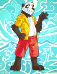 3_toes anthro barefoot biped black_body black_fur black_nose brown_eyes clothed clothing feet fur looking_at_viewer male multicolored_body multicolored_fur solo swimming_trunks swimwear toes two_tone_body two_tone_fur white_body super-tuler tairu bear giant_panda mammal hi_res