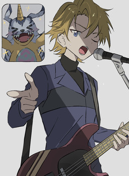animal_skin anthro blonde_hair blush duo electronics fanboy finger_gun fur gesture hair hand_gesture horn male male/male microphone one_eye_closed singing striped_body striped_fur stripes wink 754_0711 bandai_namco digimon matt_ishida digimon_(species) gabumon human mammal hi_res