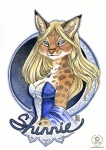 anthro blonde_hair breasts brown_body brown_fur cleavage clothed clothing ear_piercing female fur grey_eyes hair inner_ear_fluff jewelry looking_aside necklace piercing smile solo tan_body tan_fur tuft kacey shinnie_(shinigamigirl) african_golden_cat caracal_(genus) felid feline mammal 2010 character_badge_(artwork)