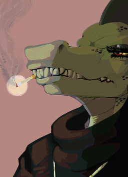 anthro cigarette clothing eyeshadow female green_body green_scales head_spines jewelry makeup mascara necklace red_eyes scales sharp_teeth shirt simple_background smoke smoking solo teeth three-quarter_view topwear yellow_sclera latchk3y night_in_the_woods bea_santello crocodilian reptile scalie 2020 bust_portrait portrait