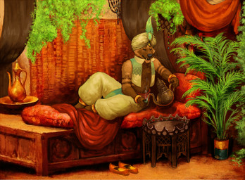 anthro beverage brown_body brown_fur clothed clothing container cup eyes_closed fur headgear headwear holding_container holding_cup holding_object holding_teapot male male_anthro plant plant_pot potted_plant religious_clothing religious_headwear solo teapot turban whiskers chumbasket chumbasket_(character) hybrid hyena mammal mustelid otter 2017 hi_res