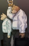 anthro blush bodily_fluids bottomwear brown_body brown_fur bulge clothing duo fur kemono male male/male necktie overweight overweight_male pants shirt sweat topwear arufina_w bear canid canine canis domestic_dog mammal 2024 absurd_res hi_res