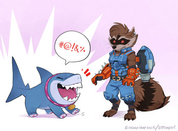 anthro blue_clothing blue_shirt blue_topwear bodily_fluids bottomwear clothing collar denim denim_bottomwear denim_clothing duo feral jeans jet_pack laugh male pants pink_background profanity red_eyes sharp_teeth shirt shocked simple_background sweat teeth thrusters topwear rmikkyart guardians_of_the_galaxy marvel marvel_rivals jeff_the_land_shark rocket_raccoon aquatic fish land_shark_(species) mammal procyonid raccoon shark 2025 hi_res
