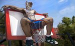 anthro athletic athletic_anthro athletic_male basketball basketball_hoop biped bottomwear bulge clothed clothing detailed_background fur hair looking_at_viewer male navel nipples outside shorts sitting sky smile solo topless chunie cougar felid feline mammal 2019 adobe_photoshop_(artwork) digital_media_(artwork) digital_painting_(artwork) painting_(artwork)